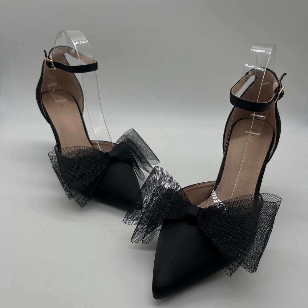 NEW Allegra K Heels Womens 9 Black‎ Pointed Toe Ankle Strap Pumps Bow Stiletto